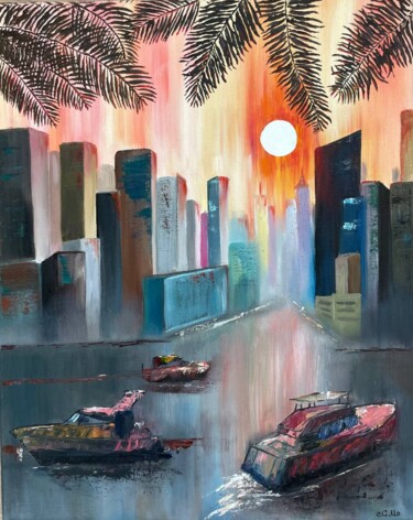 Calmness Cityscape of embankment with yachts in abstract 绘画 标题为“Calmness Cityscape…” 由Marina Zhivliuk, 原创艺术品, 油