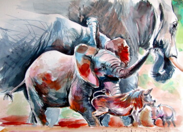 绘画 标题为“Playing elephant ba…” 由Anna Brigitta Kovacs (KAB), 原创艺术品, 水彩