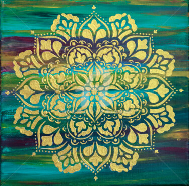 Gold mandala on an emerald green background Peinture intitulée "Gold mandala on an…" par Svetlana Saratova, Œuvre d'art originale, Acrylique