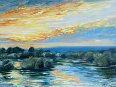 Glowing Evening Schilderij getiteld "Glowing Evening" door Liza Illichmann, Origineel Kunstwerk, Olie Gemonteerd op Frame voor houten branca…