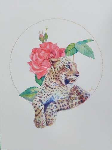 绘画 标题为“Un Jaguar et une Ro…” 由Karen Lara Martin, 原创艺术品, 水彩