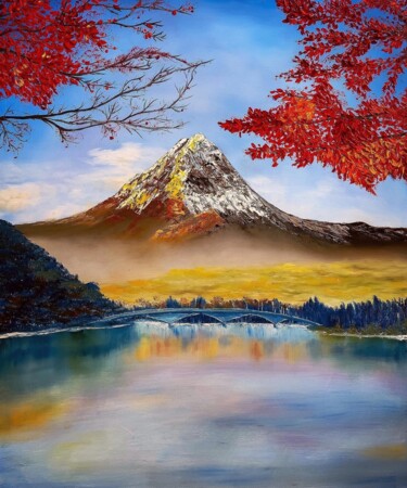 "Spring Sensation' Mount Fuji Landscape Painting titled ""Spring Sensation'…" by Maria Vasileva, Original Artwork, Oil