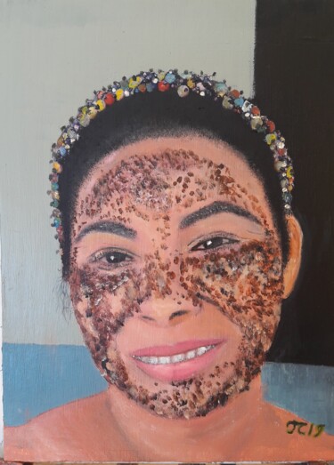 La jeune fille au masque Peinture intitulée "La jeune fille au m…" par John Des Îles, Œuvre d'art originale, Huile