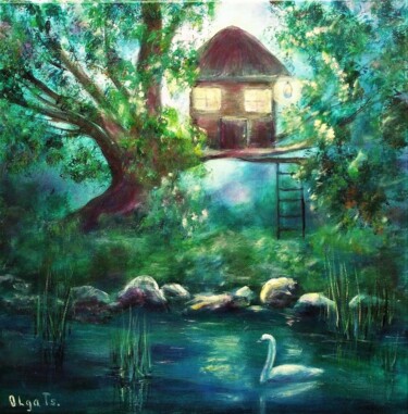 "House tree" fantasy art forest painting white swan lake ar Pittura intitolato ""House tree" fanta…" da Olga Tsyhypko, Opera d'arte originale, Acrilico Montato su Telaio per barella i…