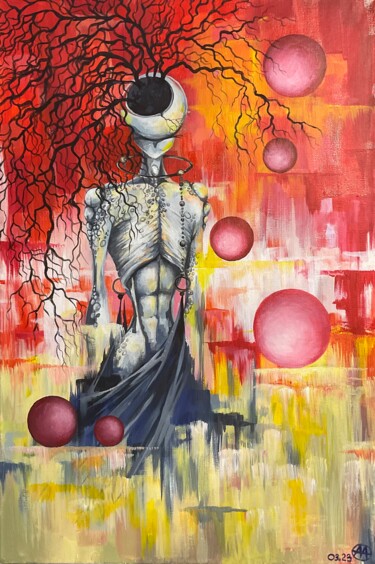 Alien in red Painting titled "Alien in red" by Elena Mi, Original Artwork, Acrylic Mounted on Wood Stretcher frame
