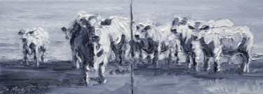 Peinture intitulée "Troupeau de Charola…" par Serge Mazet, Œuvre d'art originale, Huile Monté sur Panneau de bois