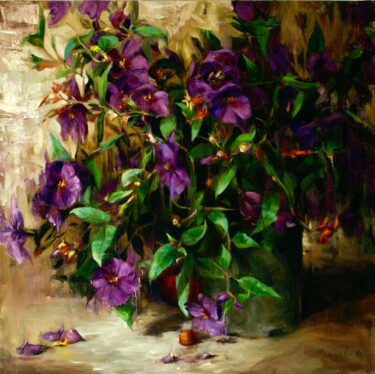 Shrub with purple flowers. Arbuste a fleurs violates . Painting titled "Shrub with purple f…" by Elena Mashajeva-Agraphiotis, Original Artwork, Oil