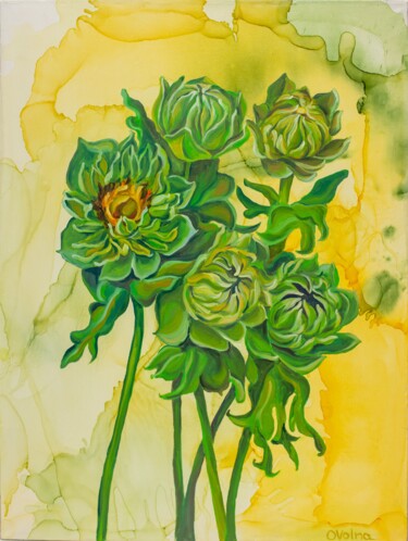 绘画 标题为“Green Sunflowers” 由Olga Volna, 原创艺术品, 油