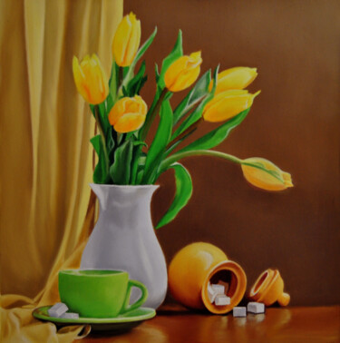 Still life with lemons and yellow tulips 绘画 标题为“Still life with lem…” 由Simona Tsvetkova, 原创艺术品, 油 安装在木质担架架上