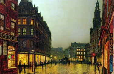 Peinture intitulée ""Boar Lane", Leeds" par John Atkinson Grimshaw, Œuvre d'art originale, Huile