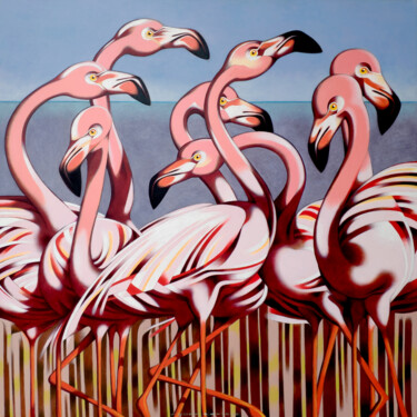 绘画 标题为“Flamingoes” 由Federico Cortese, 原创艺术品, 油 安装在木质担架架上