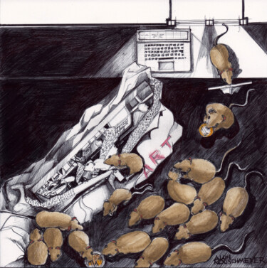 图画 标题为“LA COUR DES RATS -…” 由Alain Rouschmeyer, 原创艺术品, 圆珠笔