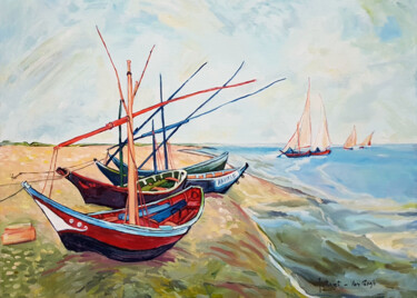 D'après Van Gogh, Bateaux de pêche aux Saintes Maries de la Peinture intitulée "D'après Van Gogh, B…" par Philippe Jollivet, Œuvre d'art originale, Acrylique