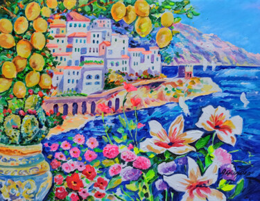 Pittura intitolato "Amalfi lemons on se…" da Alfredo Grimaldi, Opera d'arte originale, Olio Montato su Telaio per barella in…