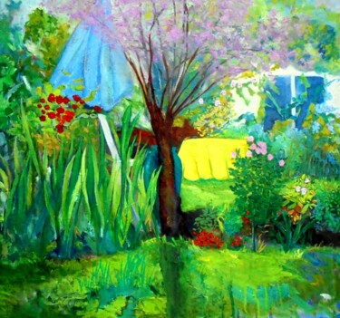 Peinture intitulée "LE JARDIN DE MA MÈRE" par Isabelle Brisset, Œuvre d'art originale, Huile Monté sur Châssis en bois
