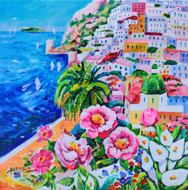 Positano in bloom - square version Peinture intitulée "Positano in bloom -…" par Alfredo Grimaldi, Œuvre d'art originale, Huile Monté sur Châssis en bois
