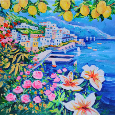 Amalfi lemons and flowers - square version Peinture intitulée "Amalfi lemons and f…" par Alfredo Grimaldi, Œuvre d'art originale, Huile Monté sur Châssis en bois
