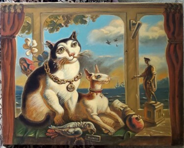 Pittura intitolato "Cats and parrot" da Daniel Litvinov, Opera d'arte originale, Olio