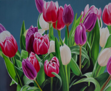 Tulips, Spring Garden Flowers, Oil On Canvas Painting Painting titled "Tulips, Spring Gard…" by Simona Tsvetkova, Original Artwork, Oil Mounted on Wood Stretcher frame