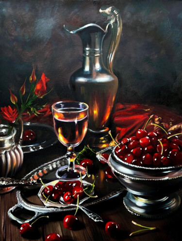 Painting titled "Still life with che…" by Olga Bazanova, Original Artwork, Oil