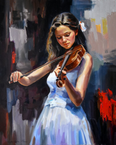 Peinture intitulée "The violin player II" par Serghei Ghetiu, Œuvre d'art originale, Huile Monté sur Châssis en bois