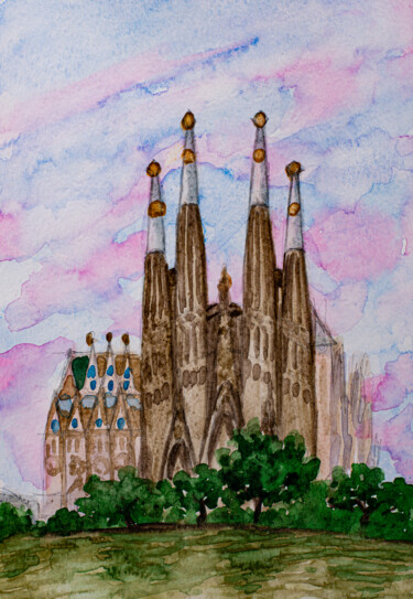 Sagrada Familia, Barcelona Spain Antonio Gaudi church sunset Painting titled "Sagrada Familia, Ba…" by Arina Yastrebova, Original Artwork, Watercolor