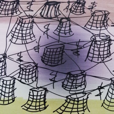 绘画 标题为“#horizon/centrales” 由Skaye, 原创艺术品, 标记 安装在木质担架架上