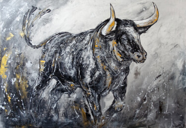 Charging - Wilder Stier Bulle grau gold abstrakt handgemalt 绘画 标题为“Charging - Wilder S…” 由Burgstallers-Art - Alexandra Brehm, 原创艺术品, 丙烯 安装在木质担架架上
