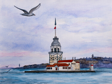 Maiden's Tower, Istanbul Turkey Bosphorus Strait Seascape Peinture intitulée "Maiden's Tower, Ist…" par Arina Yastrebova, Œuvre d'art originale, Aquarelle