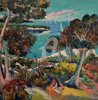 Peinture intitulée "Calanque aux pins" par Milorv, Œuvre d'art originale, Huile Monté sur Châssis en bois
