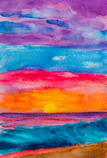 California Beach, Tropical Seascape Wave Colorful Sunset Sun Painting titled "California Beach, T…" by Arina Yastrebova, Original Artwork, Watercolor