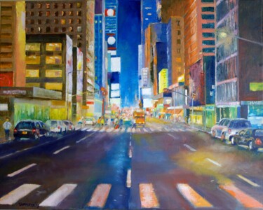 Painting titled "Night Street, New Y…" by Juri Semjonov, Original Artwork, Oil Mounted on Wood Stretcher frame
