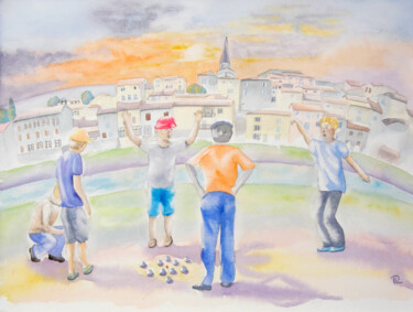 AQUARELLE originale et unique: Pétanque au village Peinture intitulée "AQUARELLE originale…" par Isabelle Redonnet, Œuvre d'art originale, Aquarelle
