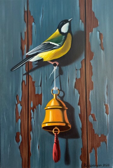 Still life with bird and bell (24x35cm, oil painting) 绘画 标题为“Still life with bir…” 由Ara Gasparyan, 原创艺术品, 油 安装在木质担架架上