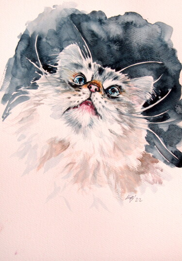 绘画 标题为“Cute cat portrait” 由Anna Brigitta Kovacs (KAB), 原创艺术品, 水彩