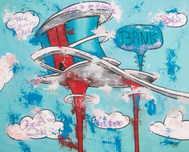 绘画 标题为“The Jetsons Bank” 由Carlos Pun, 原创艺术品, 丙烯 安装在木质担架架上