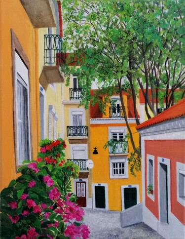 Peinture intitulée "Beco da India, Lisb…" par Inês Dourado, Œuvre d'art originale, Huile Monté sur Châssis en bois