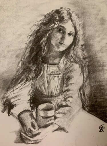 제목이 "Girl with tea"인 그림 Gázsity Barbara로, 원작, 숯