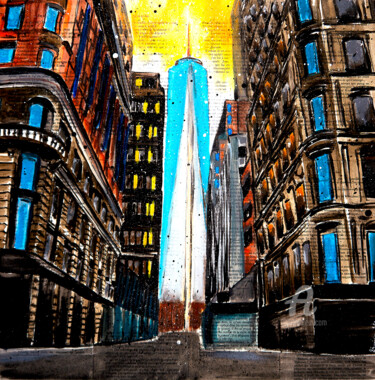 French School Urban New York One WTC Sunset Painting titled "French School Urban…" by Bazévian Delacapucinière, Original Artwork, Acrylic Mounted on Wood Stretcher frame