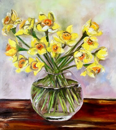 Bouquet of Daffodils #5 on wooden table 绘画 标题为“Bouquet of Daffodil…” 由Olga Koval, 原创艺术品, 油