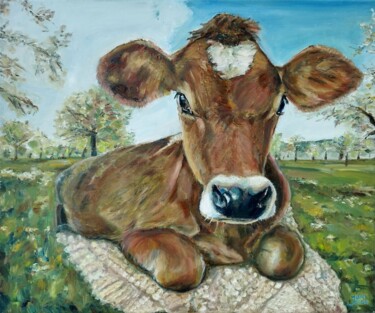 绘画 标题为“Cow On The Blanket” 由Jura Kuba, 原创艺术品, 油 安装在木质担架架上