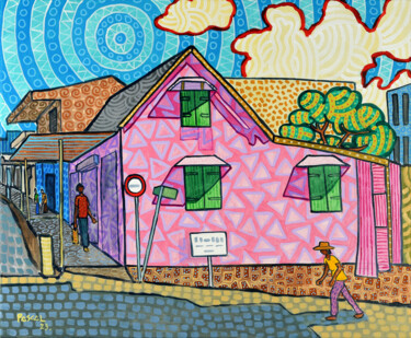 Painting titled "Pink house in Maheb…" by Pascal Lagesse, Original Artwork, Acrylic Mounted on Wood Stretcher frame