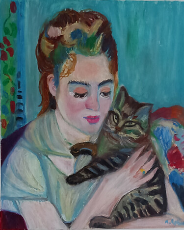 Femme au chat après Renoir Dessin intitulée "Femme au chat après…" par Marit Refsnes, Œuvre d'art originale, Pastel Monté sur Châssis en bois