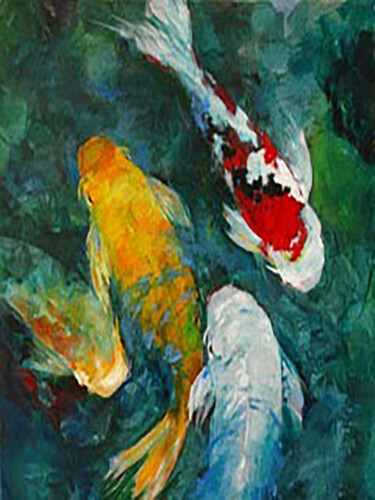 Colors of Koi Fish 绘画 标题为“Colors of Koi Fish” 由Aryawansa Kumarasinghe, 原创艺术品, 丙烯 安装在木质担架架上