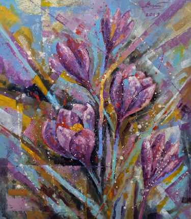 Картина под названием "Crocuses in March" - Serhii Voichenko, Подлинное произведение искусства, Масло