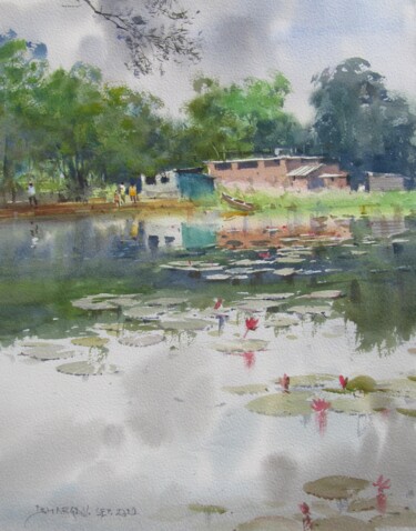 Cloudy day at lakeside Malerei mit dem Titel "Cloudy day at lakes…" von Bhargavkumar Kulkarni, Original-Kunstwerk, Aquarell