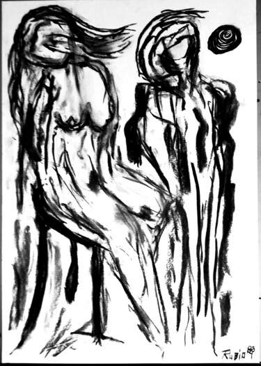 「Otra vez en pelotas」というタイトルの描画 Fernando Rubioによって, オリジナルのアートワーク, 木炭