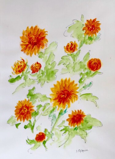 " les chrysanthèmes" Pittura intitolato "" les chrysanthèmes"" da Solange Palacios Dupont, Opera d'arte originale, Tempera Montato su Vetro