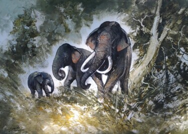 绘画 标题为“Elephants in the Wi…” 由Aryawansa Kumarasinghe, 原创艺术品, 丙烯 安装在木质担架架上