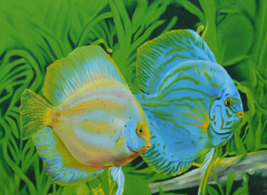 「Aquatic Vibes」というタイトルの絵画 Aryawansa Kumarasingheによって, オリジナルのアートワーク, アクリル ウッドストレッチャーフレームにマウント
